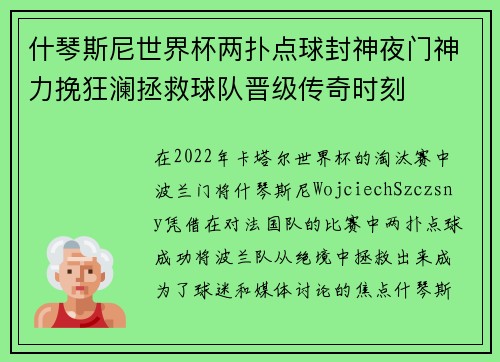 什琴斯尼世界杯两扑点球封神夜门神力挽狂澜拯救球队晋级传奇时刻